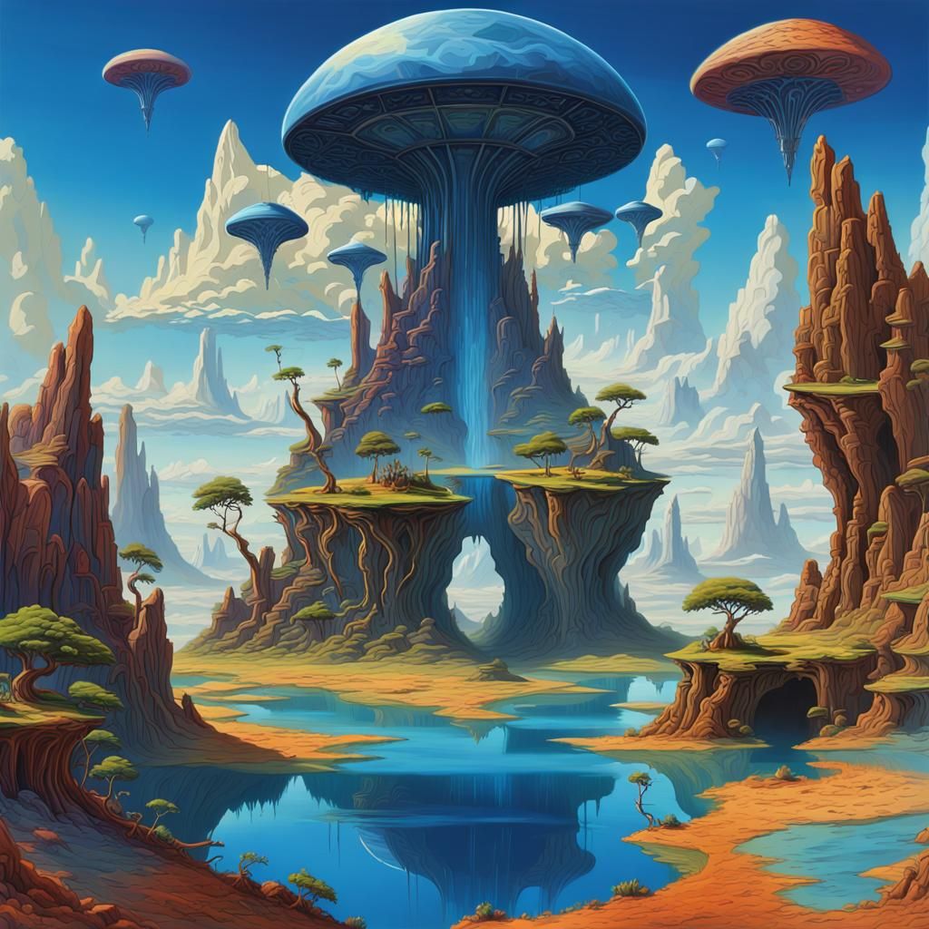 Roger Dean Inspired Floating Islands in Acrylic Colors