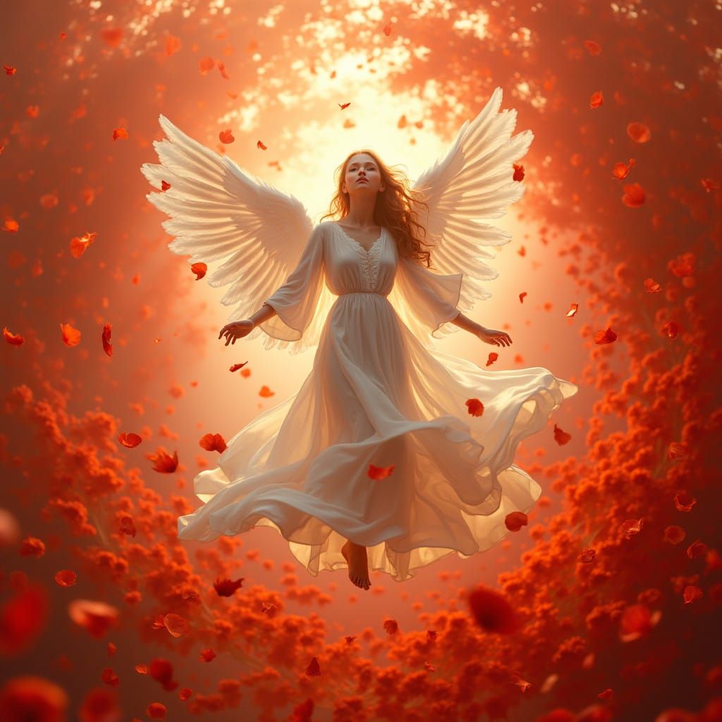 Angel Levitates Amidst Whirlwind of Vibrant Petals