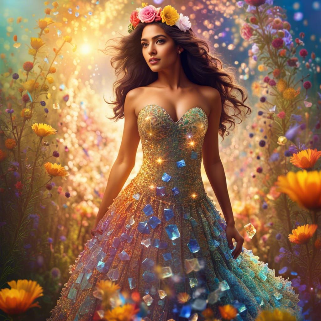 Latina Girl in Flower Dress with Broken Glass Effect