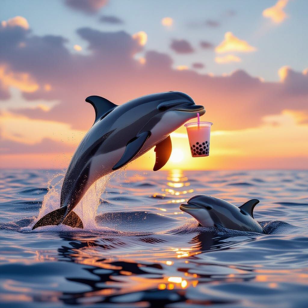Dolphin With Boba Drink Leaps at Sunrise