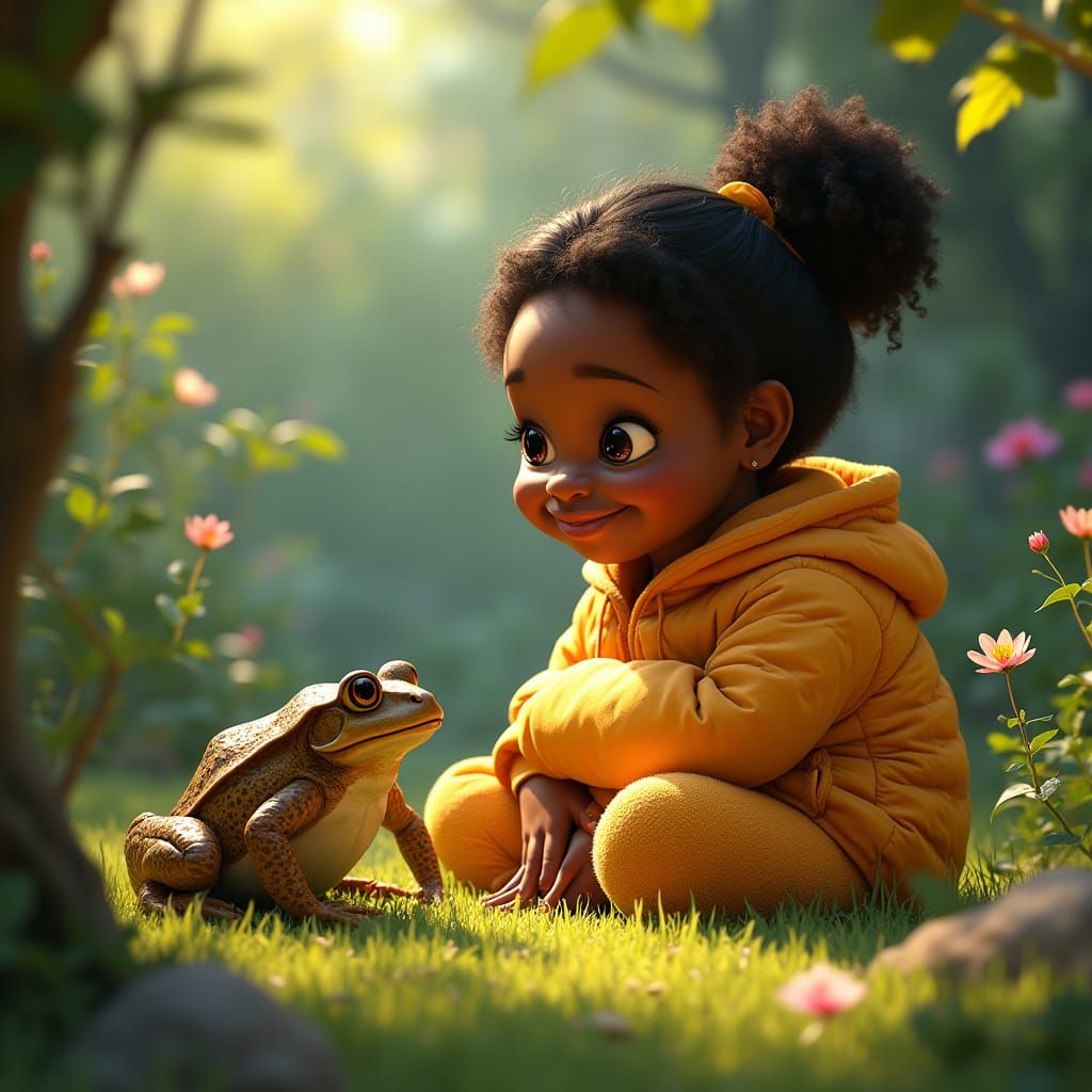 Child Studies Toad in a Pixar-Inspired Garden