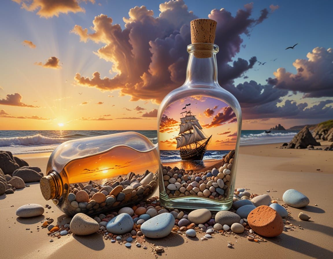 Ship in a Bottle on Beach at Sunset: Surrealist Painting