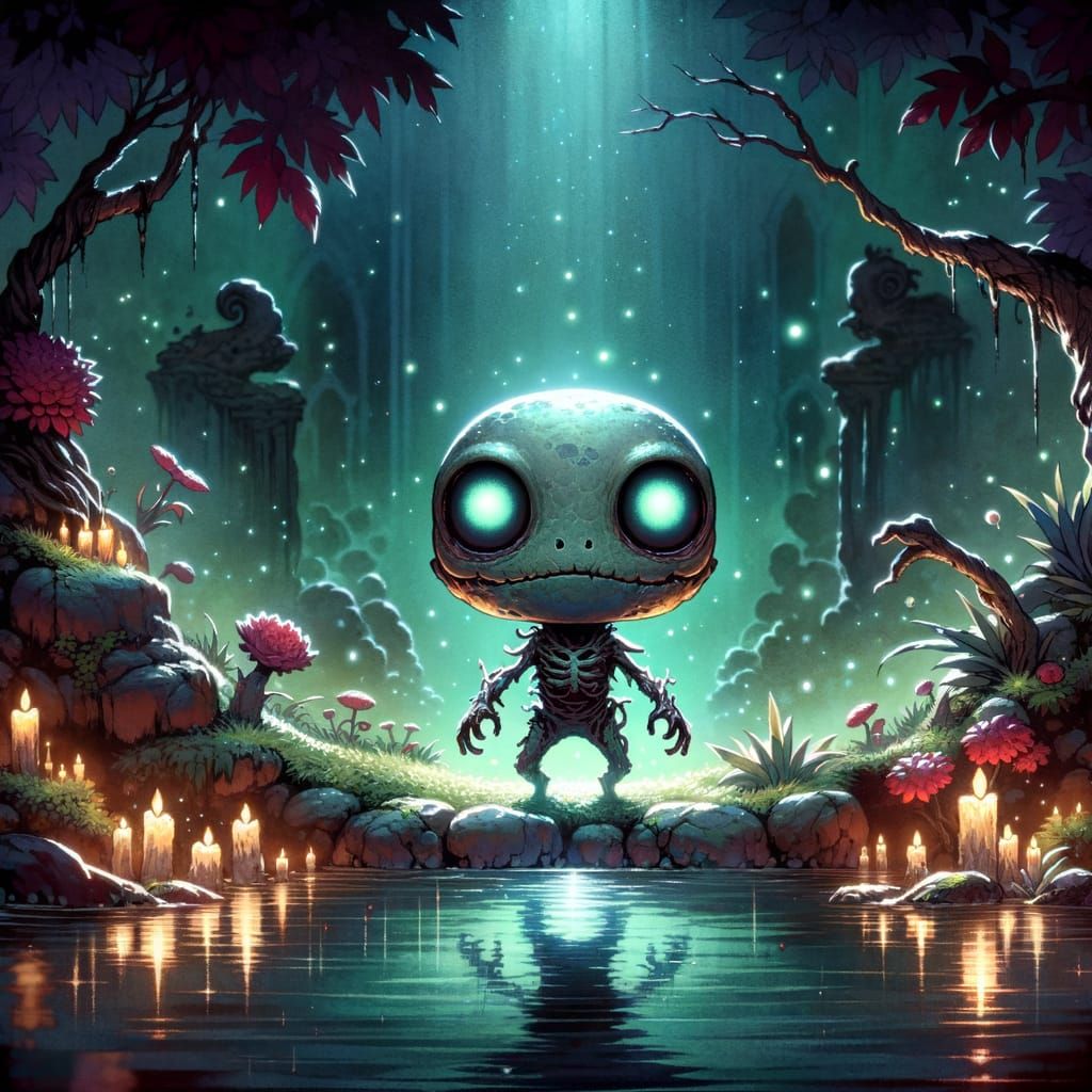 Undead Chibi Frog in Eerie Pond: Watercolor Art