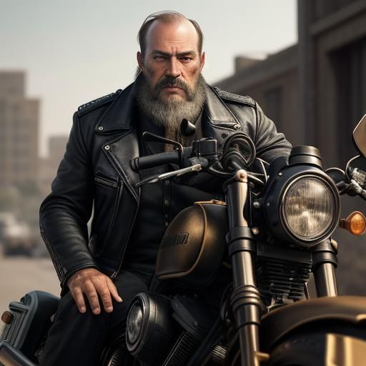 Man on Motorcycle: Cinematic, Photorealistic Film Still