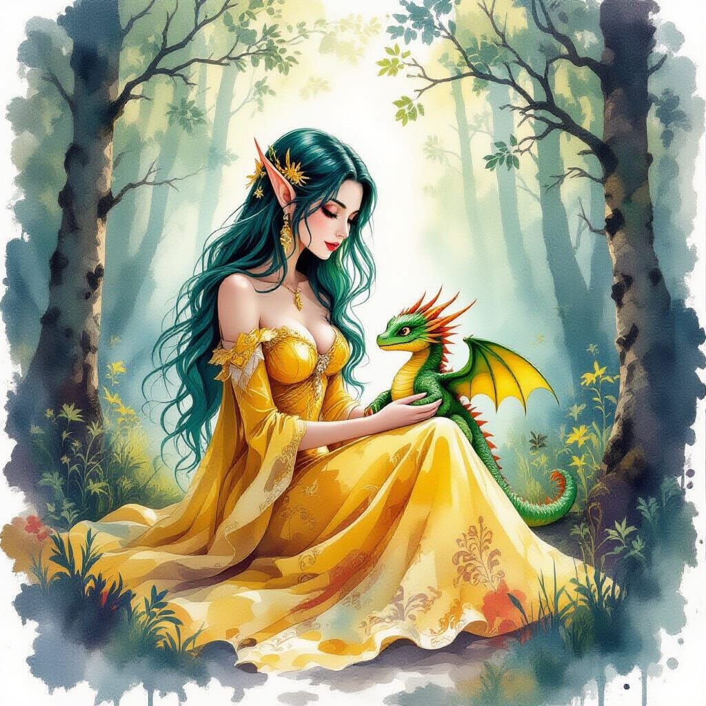 Elf with Baby Dragon in Watercolor Style