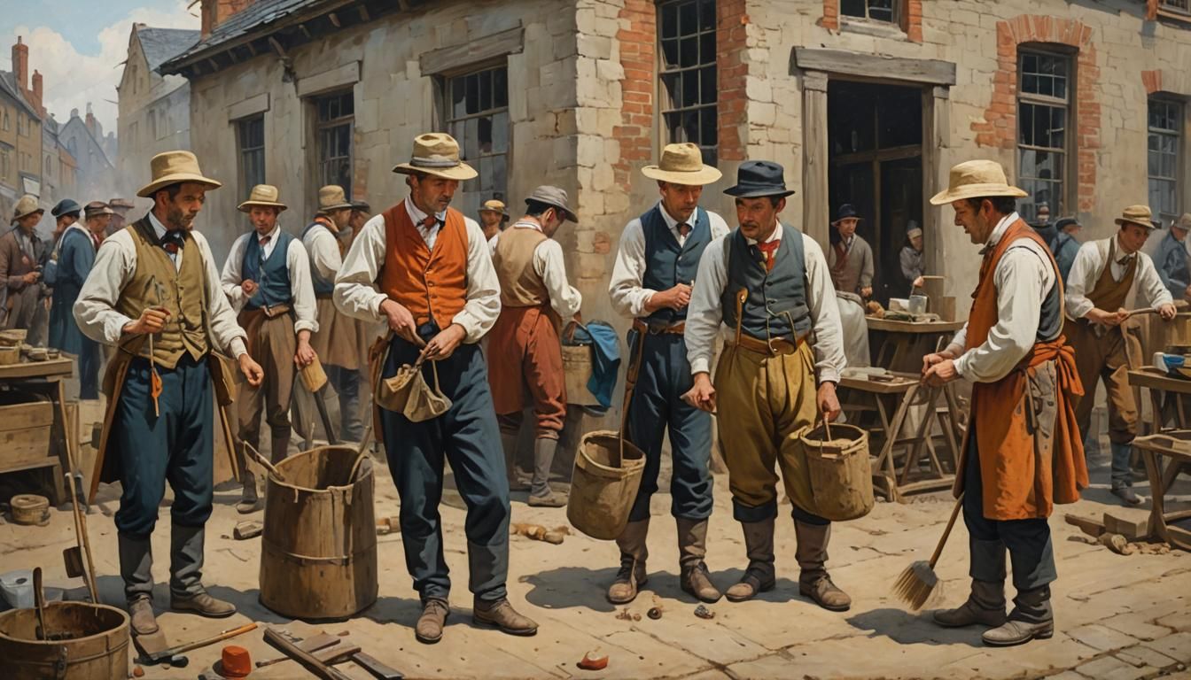 Gongbi Painting: Men at Work in 1800s Style