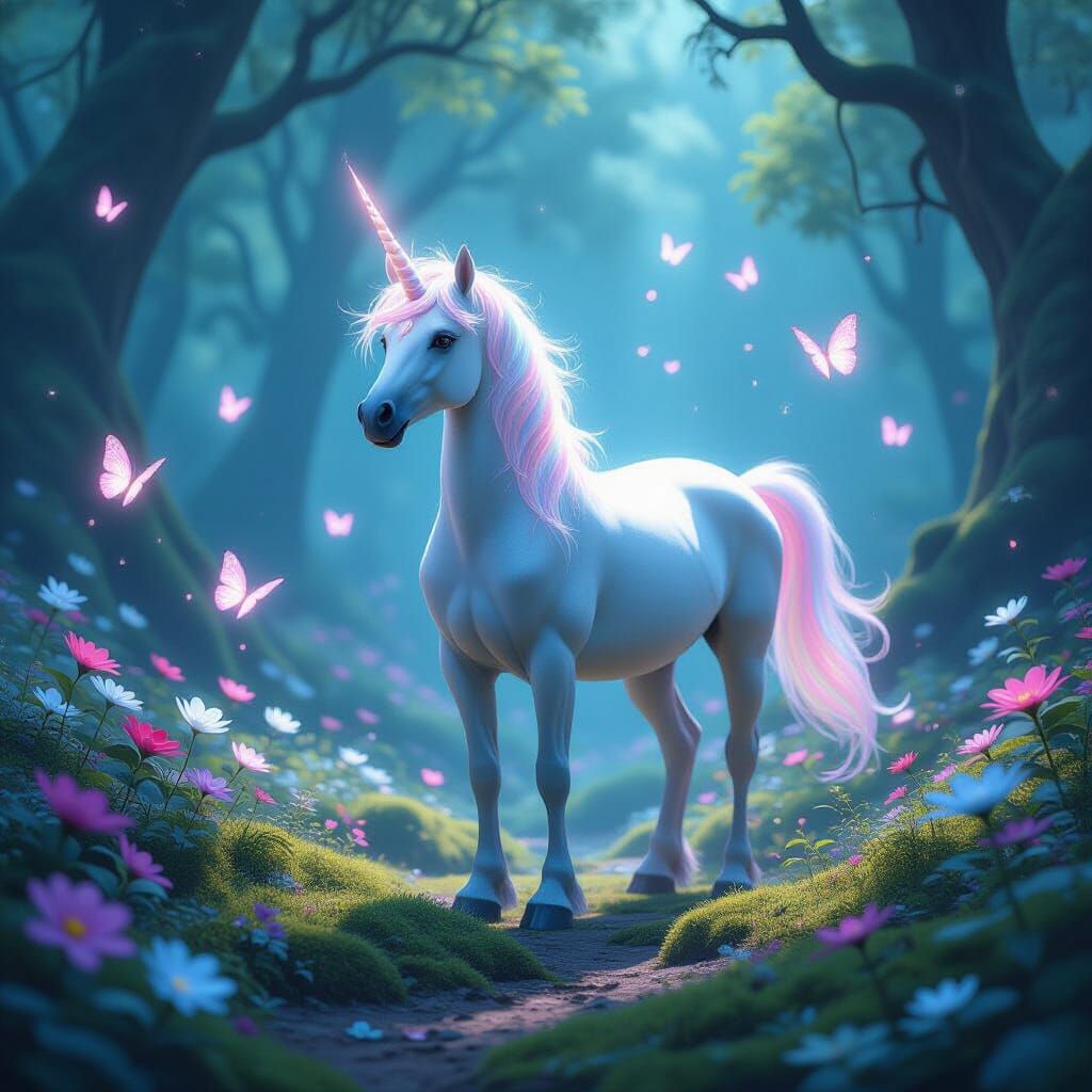 Celestial Unicorn in Enchanted Forest: Studio Ghibli Style