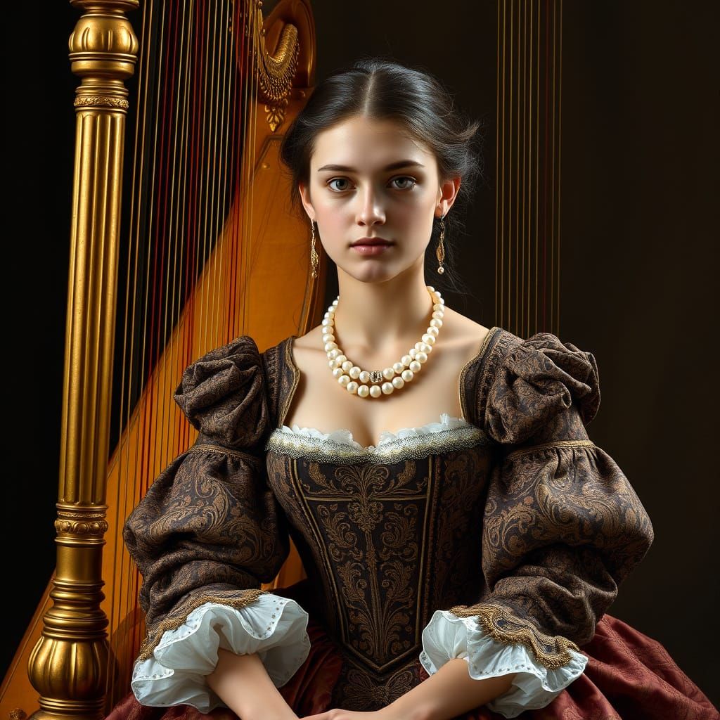 Renaissance Noblewoman with Harp in Oil Painting Style