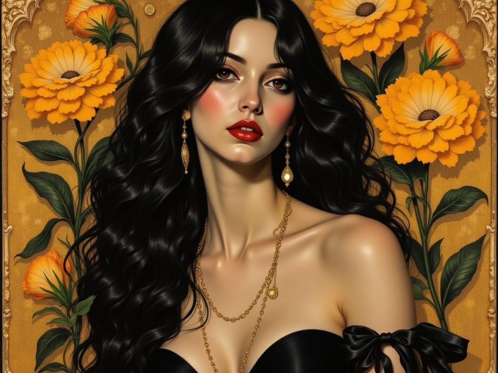 Lempicka-Inspired Surrealism in Golden Hues and Dark Waves
