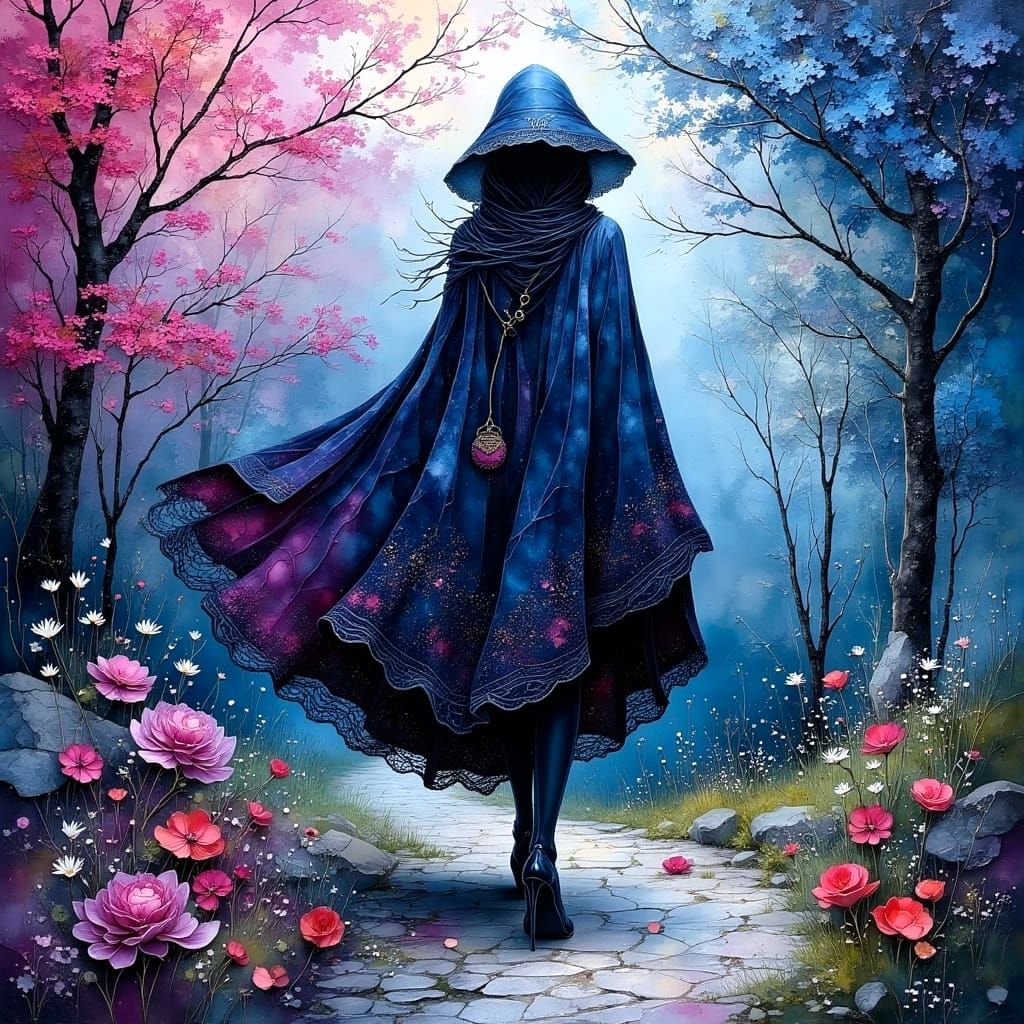 Mysterious Woman in Cloak as Impasto Oil Painting