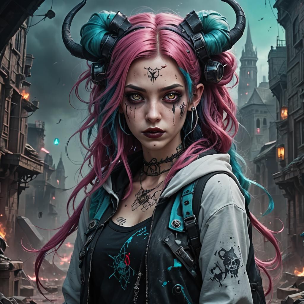 Gothic Rogue with Cyan Hair, Detailed Matte Painting