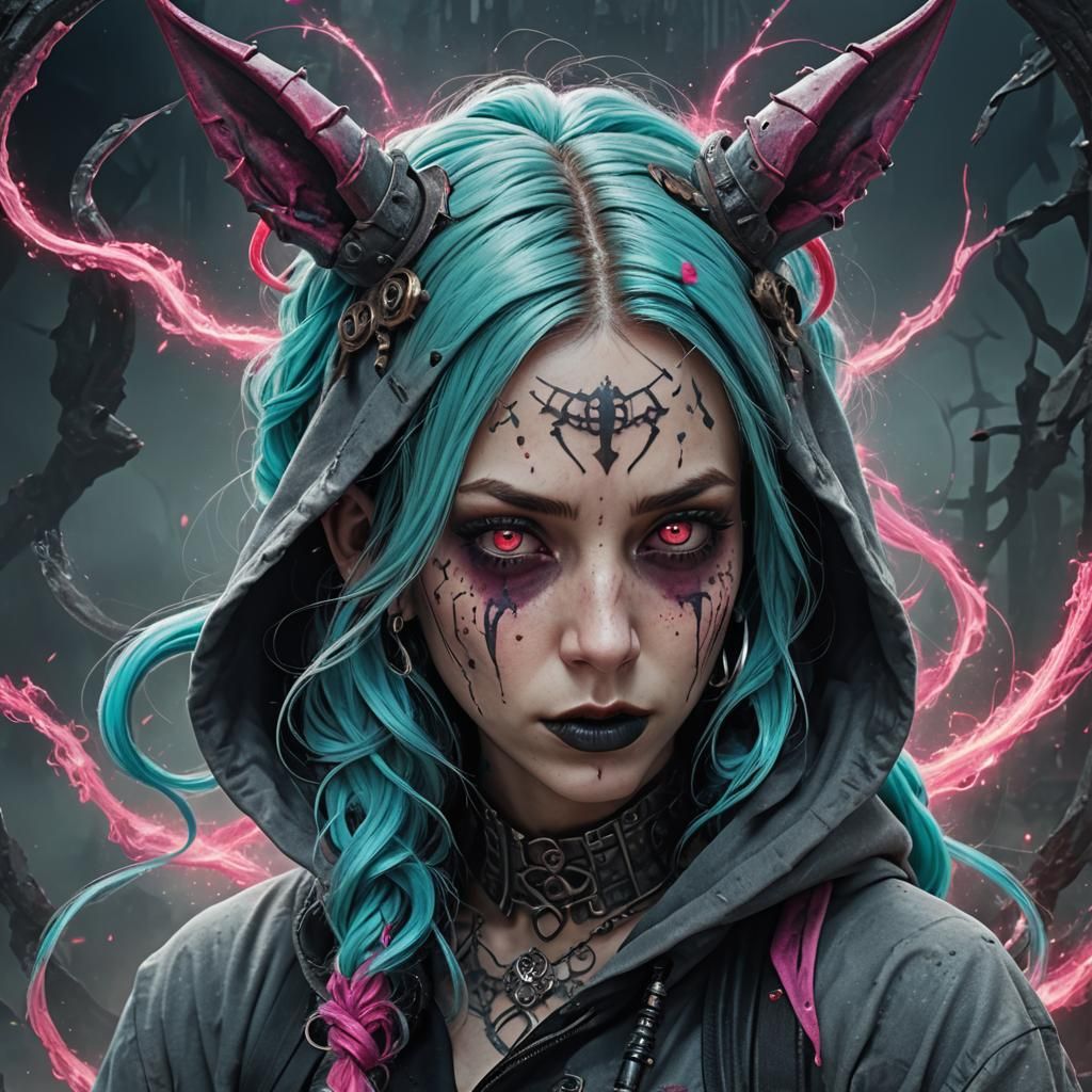 Hyperrealistic Gothic Rogue with Cyan and Pink Hair