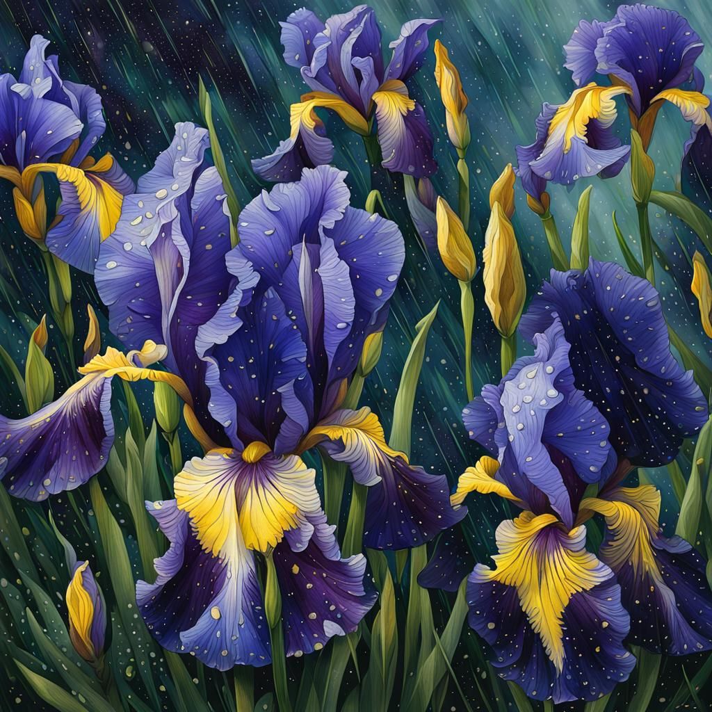 Dew-Kissed Irises in a Lush Garden, Hyperrealistic Photograp...