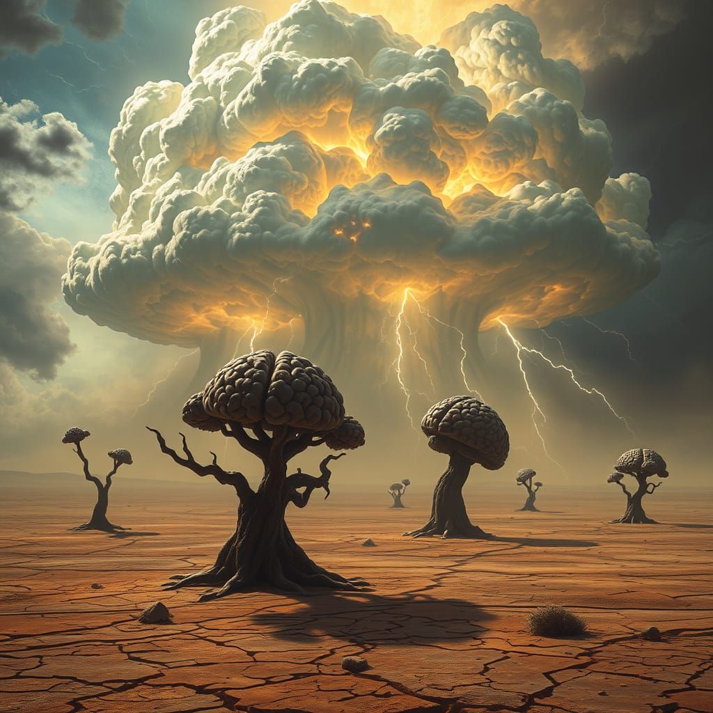Sentient Thundercloud Over Alien Desert with Brain Fruit Tre...