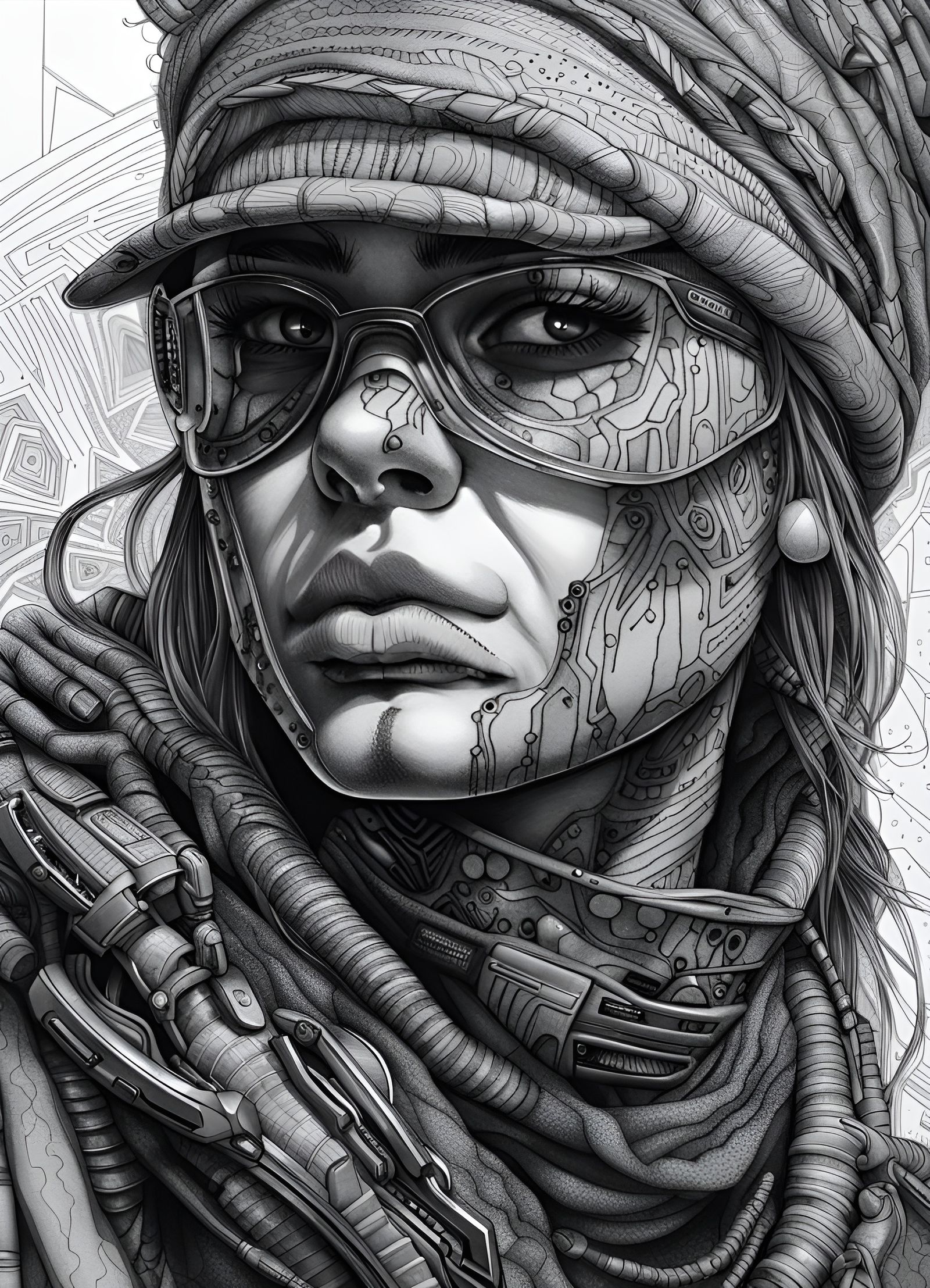 Desert Cyberpunk Cypher Portrait in Pen and Ink