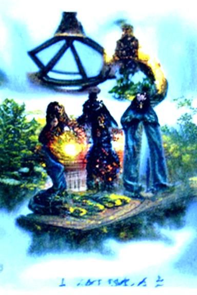 Three of Pentacles Tarot Card in Ethereal Fantasy Style