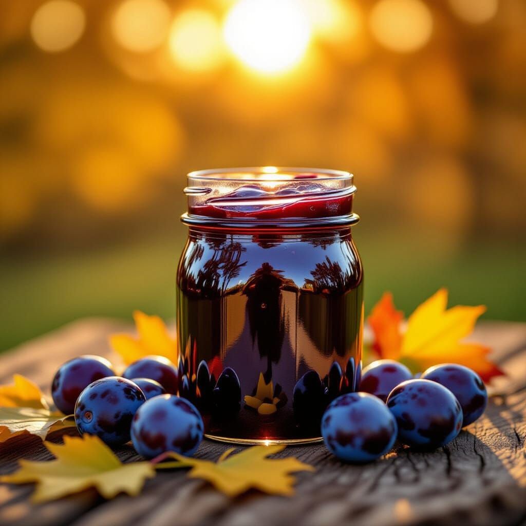 Homemade Plum Jam in Mason Jar with Fall Foliage