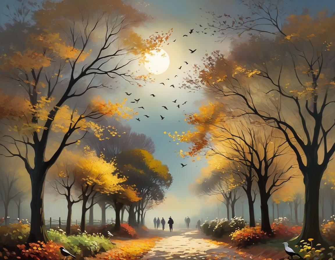 Impressionist Moonlit Garden with Birds in Flight