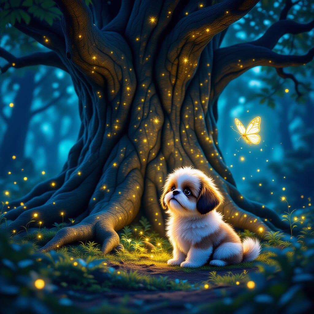 Magical Forest Twilight with Glowing Tree and Shih Tzu Puppy