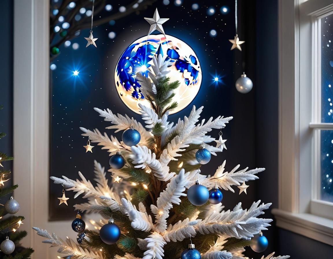 Celestial Christmas Tree with Moon and Star Ornaments