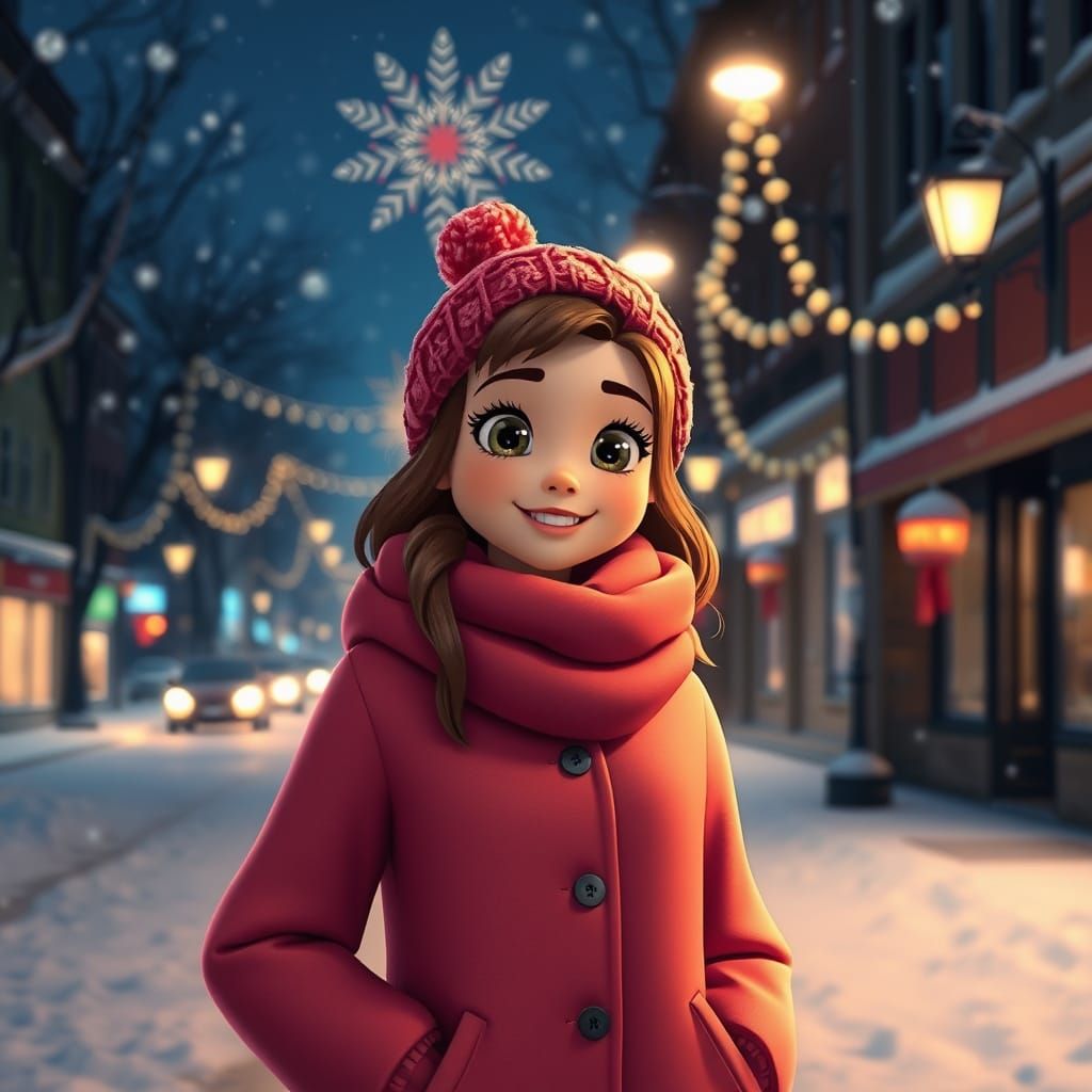 Snowy Night: Young Woman in 3D Cartoon Style
