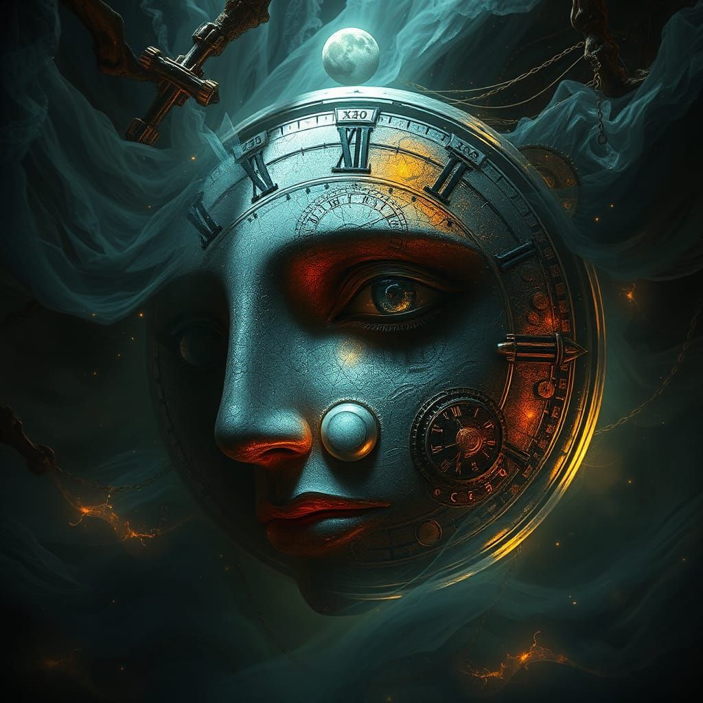 Ethereal Face of Time Under Black Moon