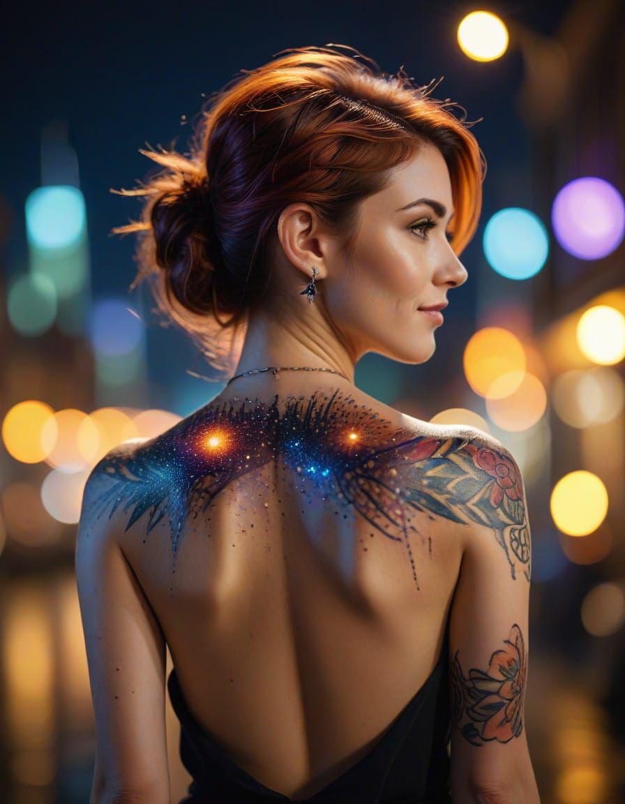 Vibrant Portrait Tattoo on a Woman's Back in Cityscape