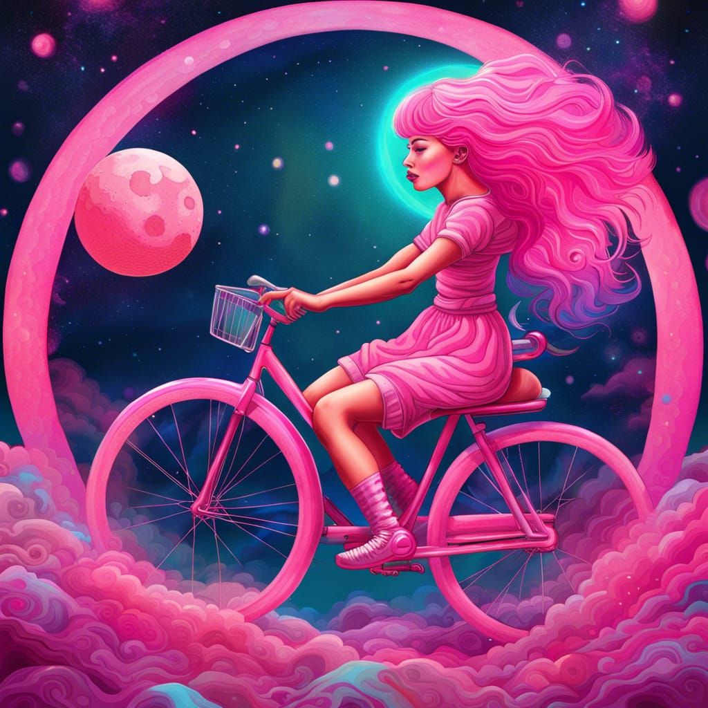 Girl Rides Bicycle on Pink Moon, Astral Illustration