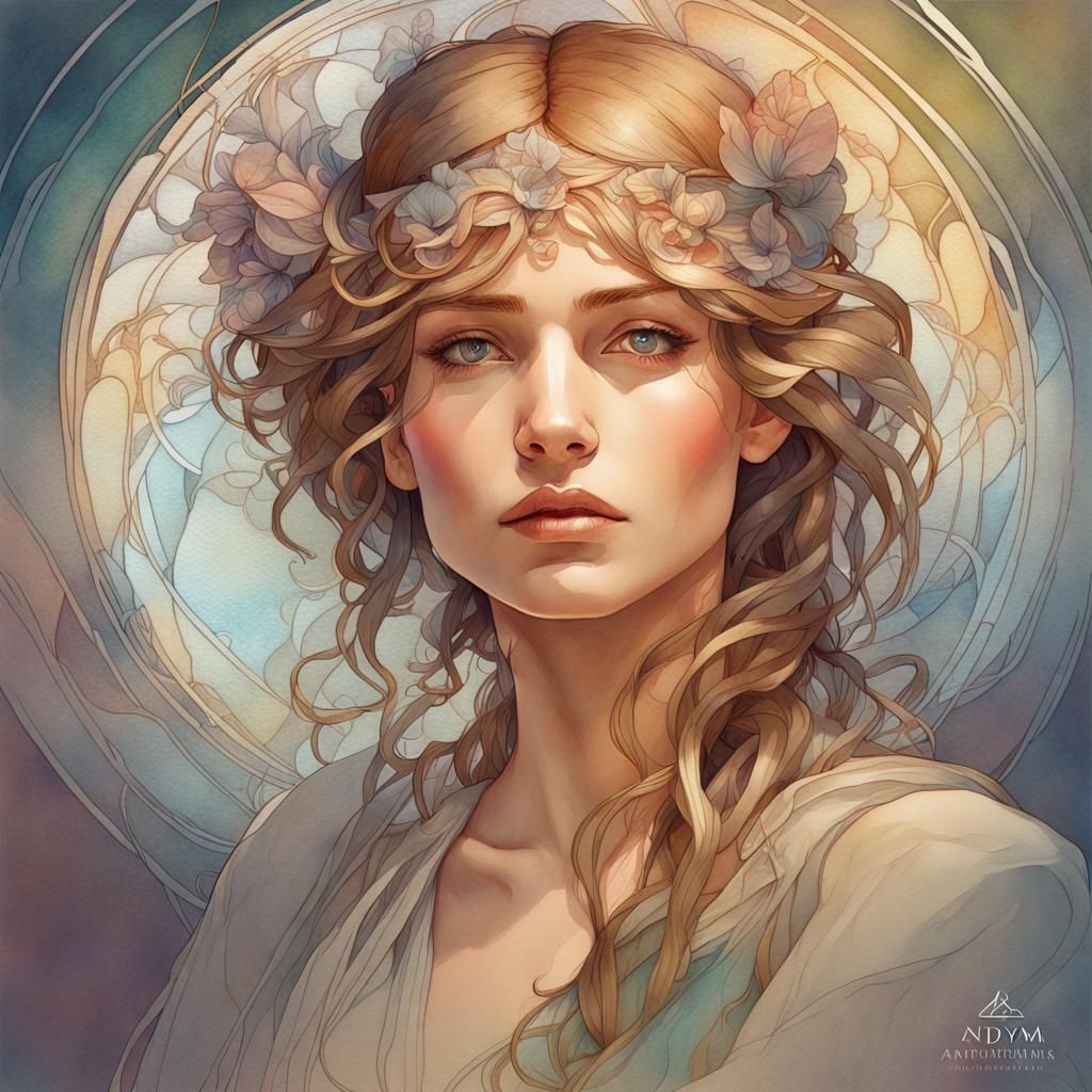 Mystic Woman: Watercolour Portrait in Mucha Style