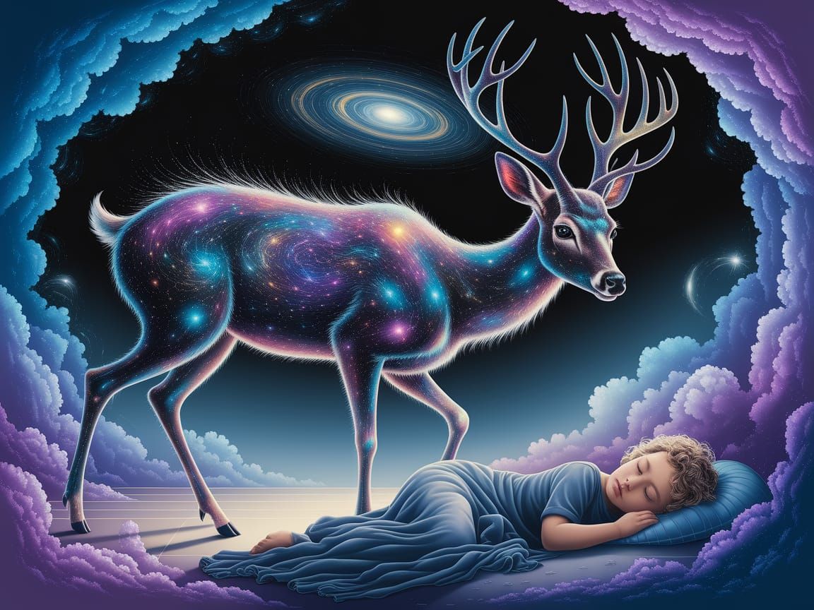 Stardust Deer Guardian in Surreal Cosmic Dreamscape