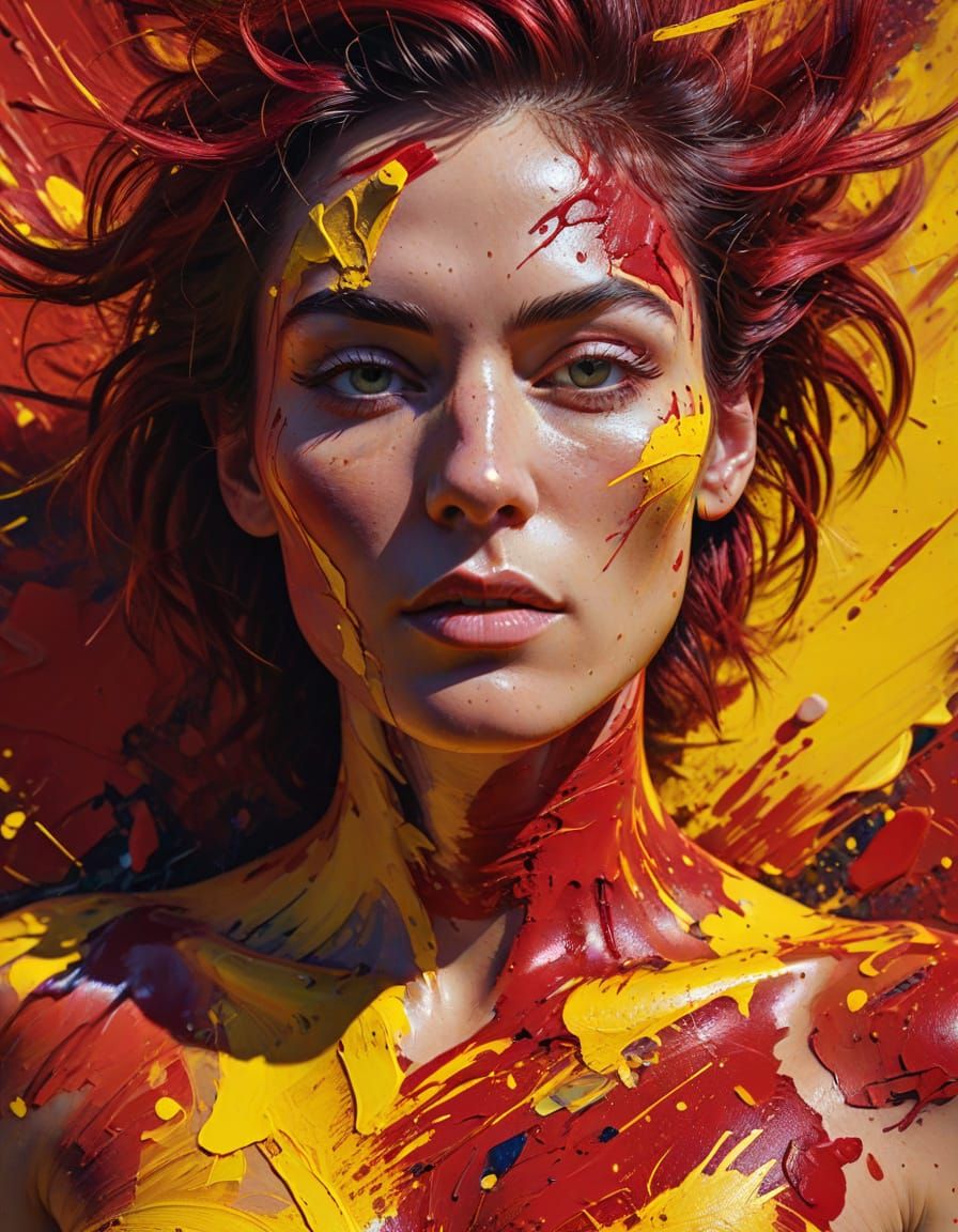 Androgynous Figure in Crimson and Yellow: Abstract Oil Paint...