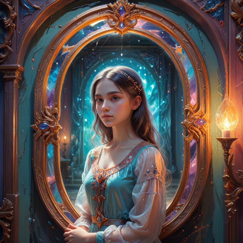 Girl at Magical Mirror Portal in Oil Painting