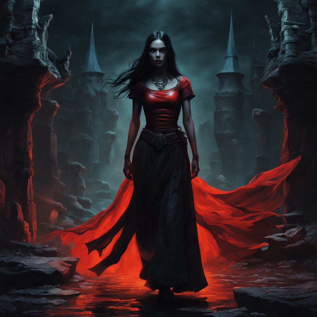 Sorceress in Red Leather, Shrouded in Mystical Shadows