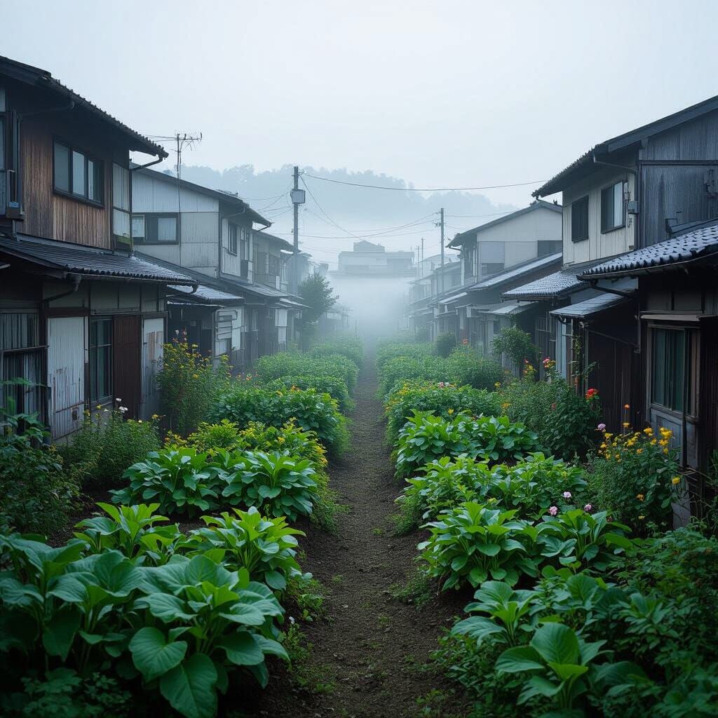 Serene Osaka Garden Amidst Fog, Wabi Sabi Aesthetic