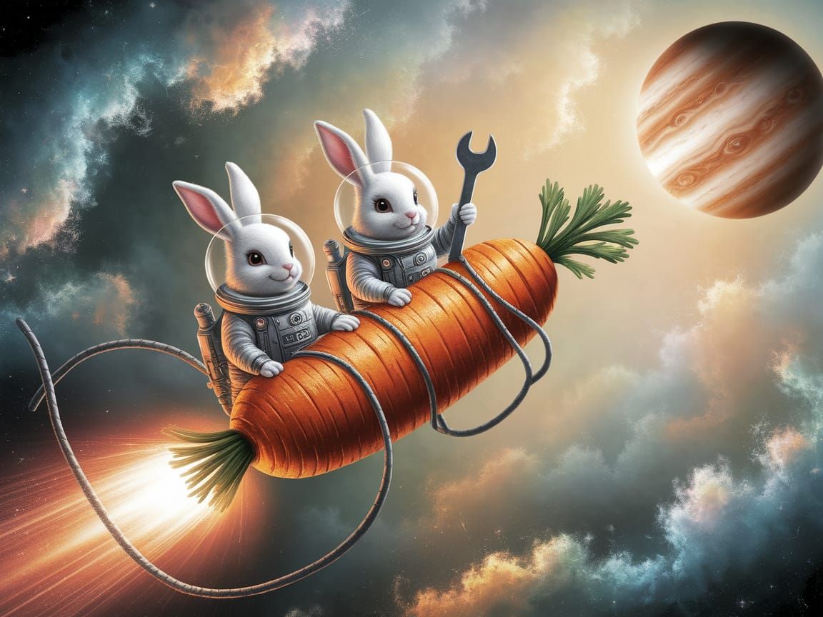 Adorable Bunnies Explore Cosmic Wonders in a Dreamlike Space...