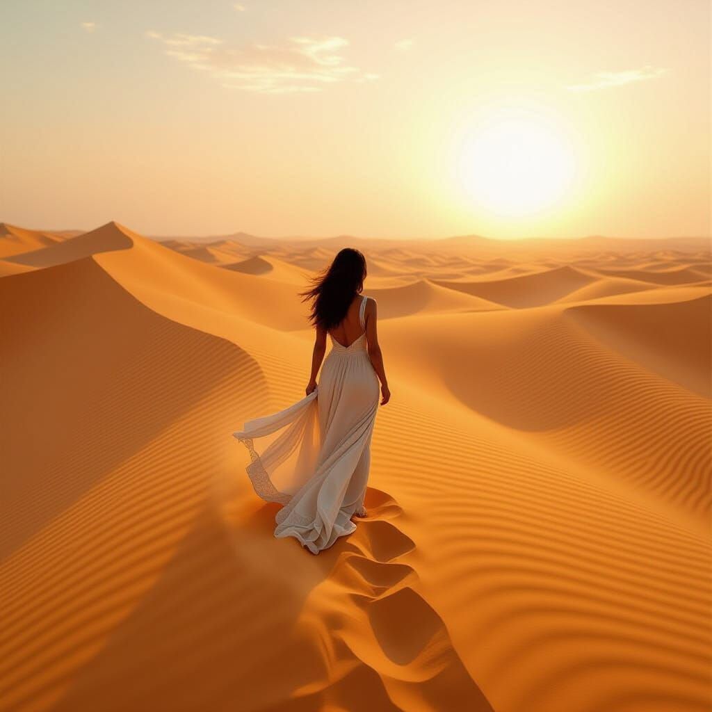 Woman Amidst Swirling Sands in Dramatic Light