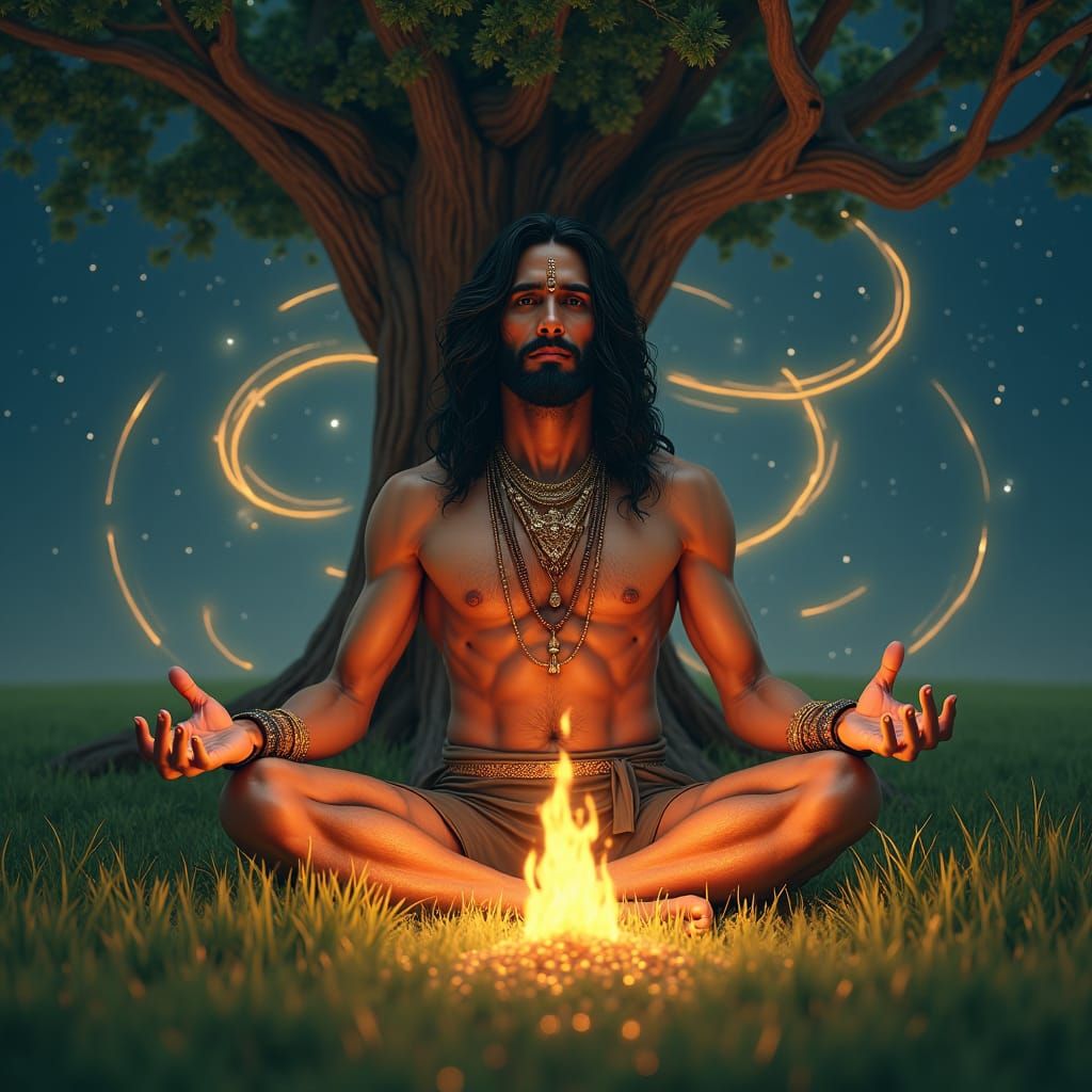 Mystical Man Meditating Under Starry Night Sky