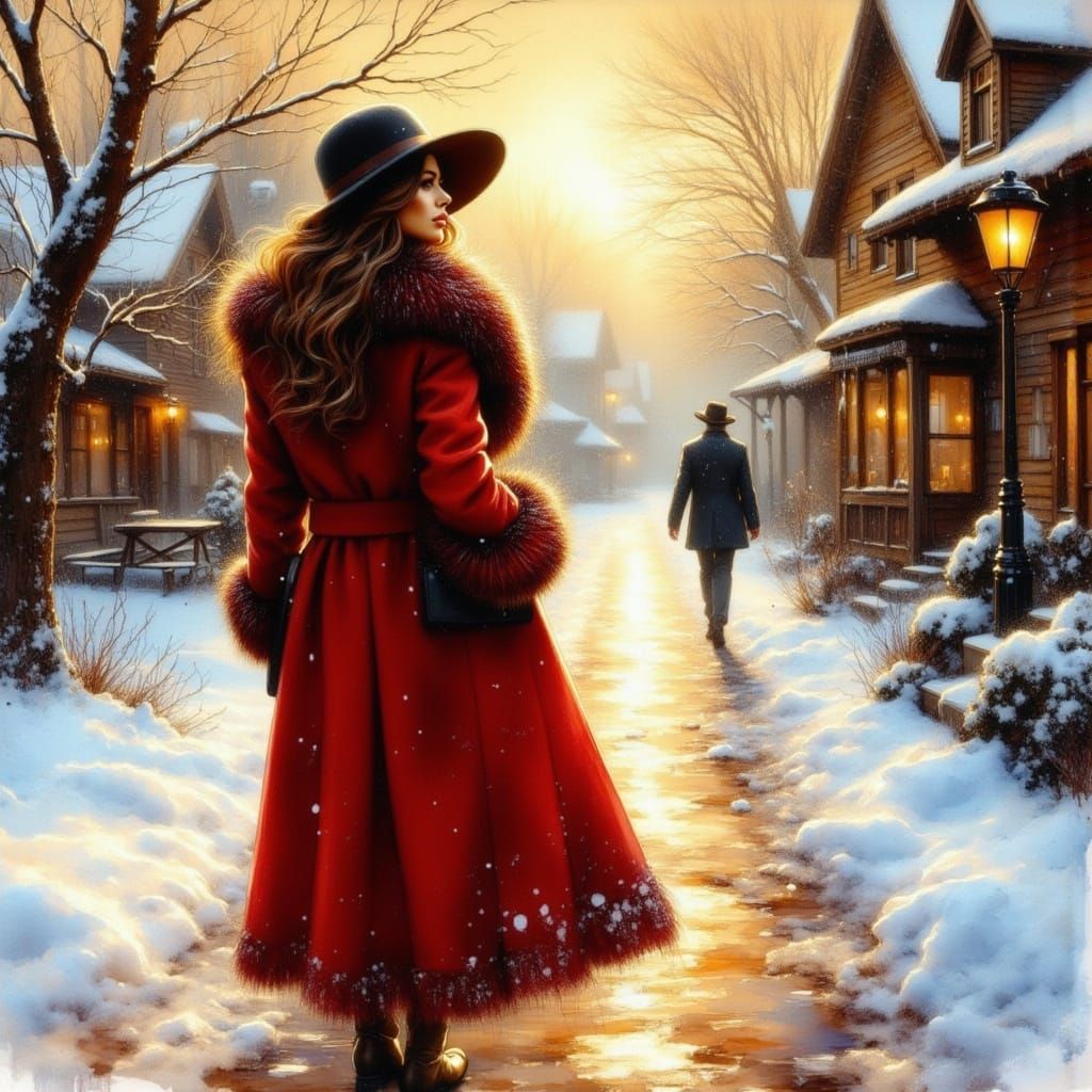 Winter Village Scene in Oil Painting Style