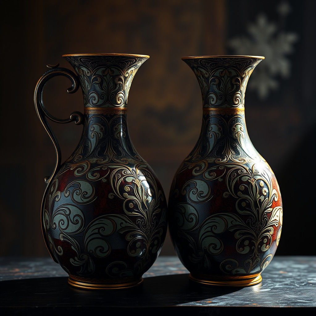 Elegant Ornate Jugs in Hyperrealistic Still Life
