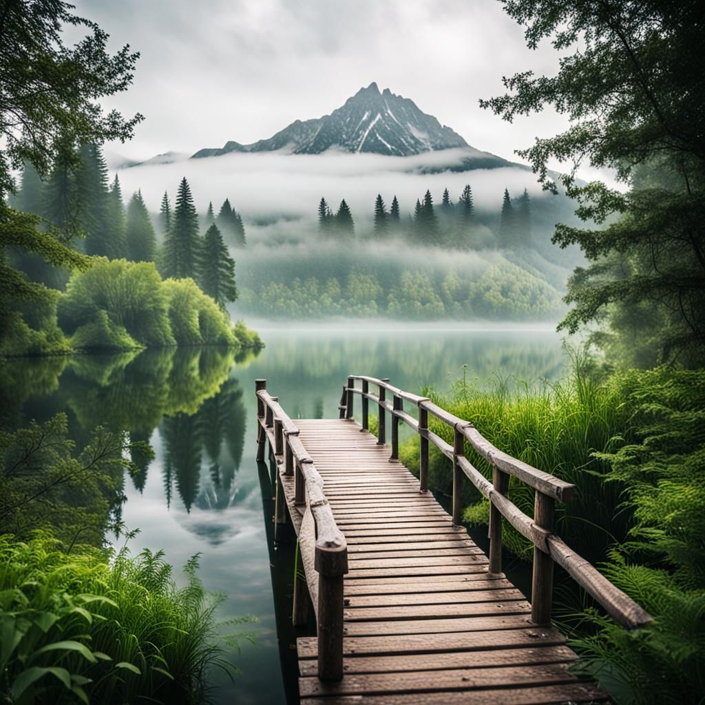 Serene Lake and Bridge in Atmospheric Mist