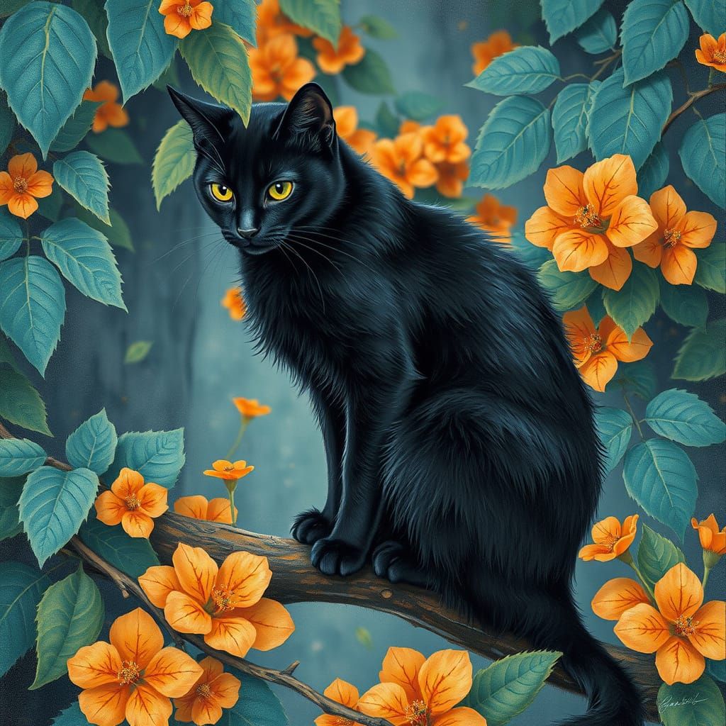 Art Nouveau Black Cat in Lush Foliage