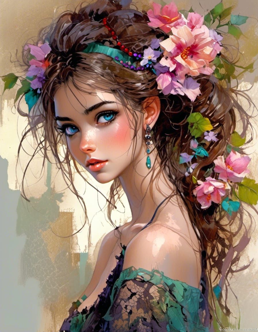 Beautiful Woman in Vineyard, Photorealistic Digital Art