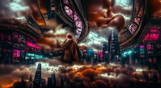 Cosmic Cyberpunk Cityscape with Antique Elements