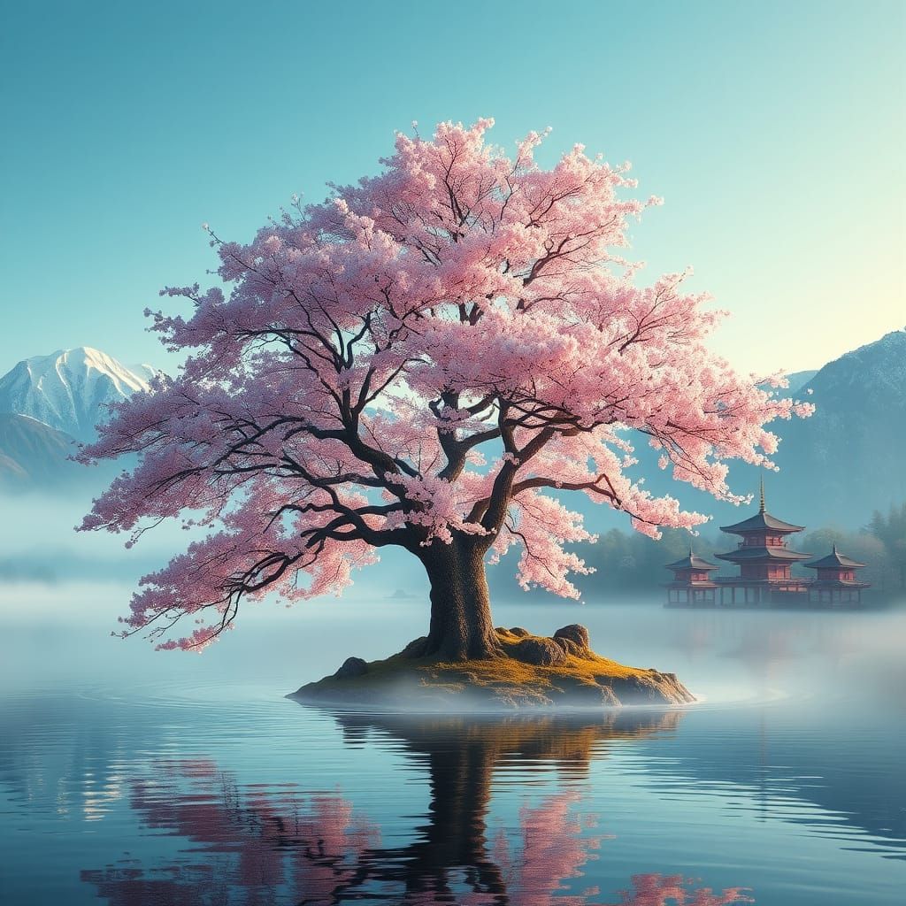 Sakura Tree Majestically Blooms on Misty Lake Island