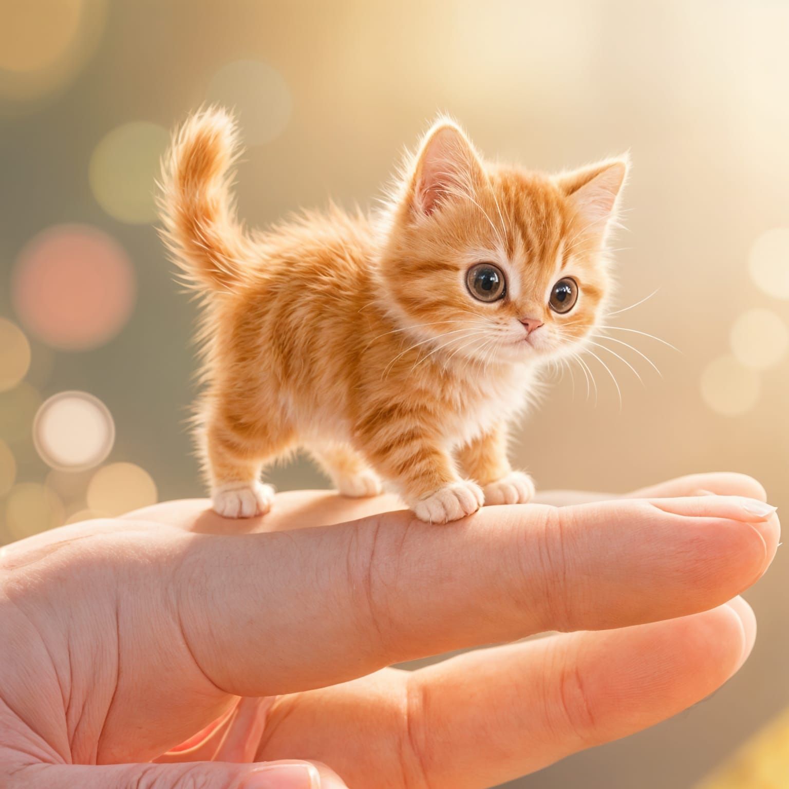 Adorable Tiny Fluffy Ginger Kitten on Fingertips