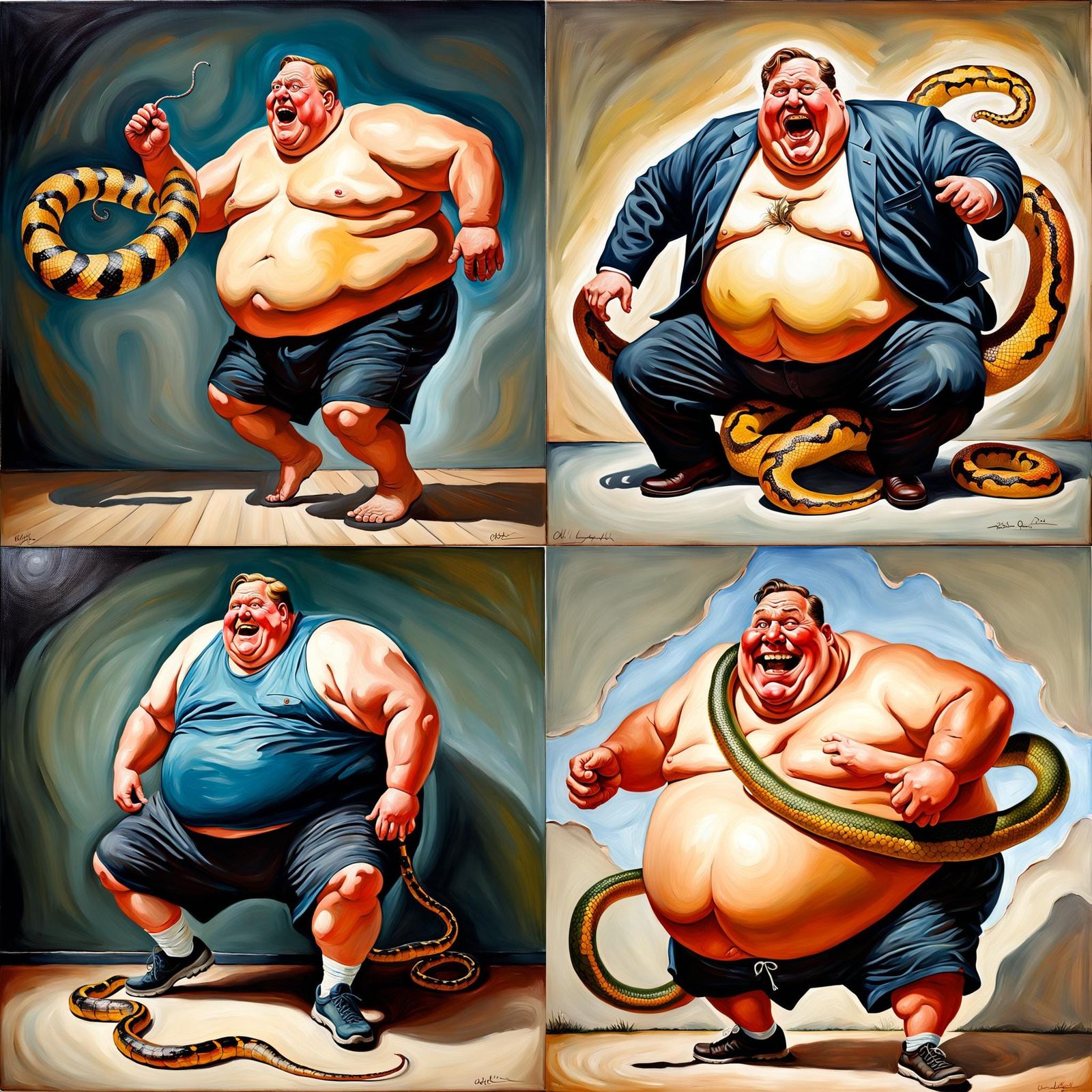 Joyful Obese Man: An Exaggerated Oil Painting