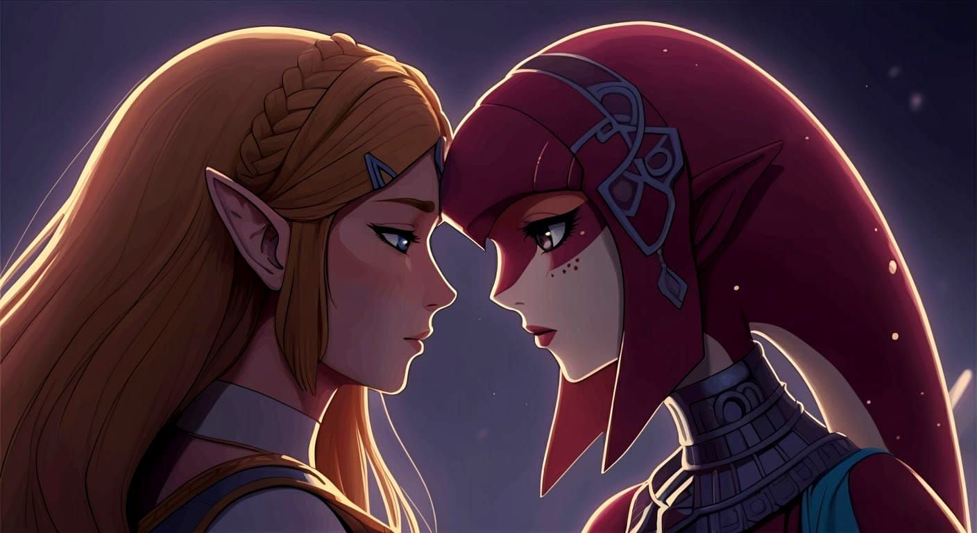 Anime-Style Zelda and Mipha Kissing