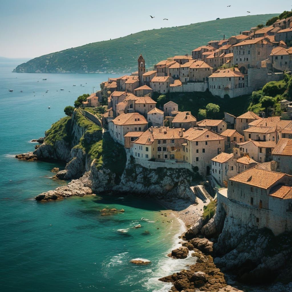 Abstract Medieval Village Overlooking Adriatic Sea