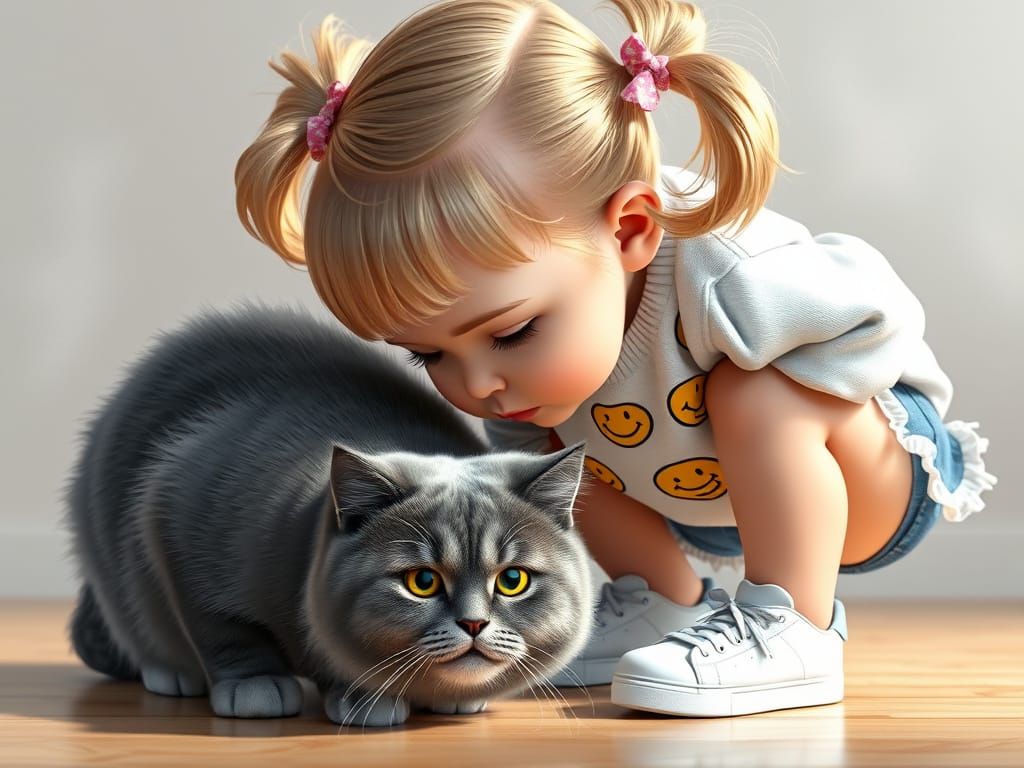 Charming Toddler Girl and Feline Friend in a Heartwarming Po...