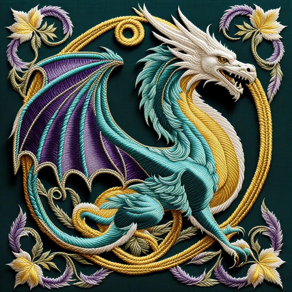 Mythical Wyvern in Metallic Teal Embroidery